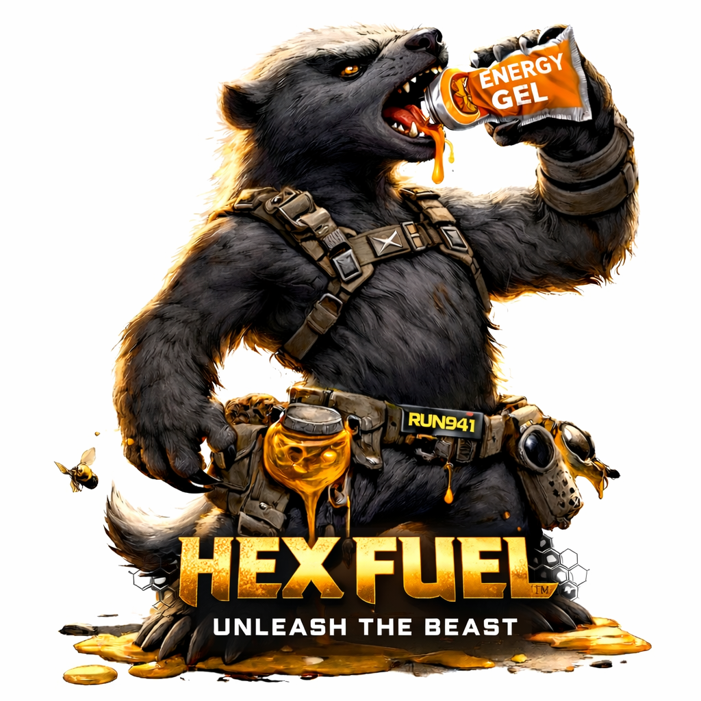 Hex Fuel bear character holding an energy gel with 'Unleash the Beast' text on a white background

