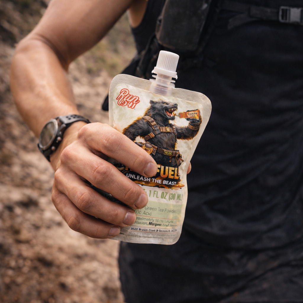 Person holding a energy drink pouch outdoors

