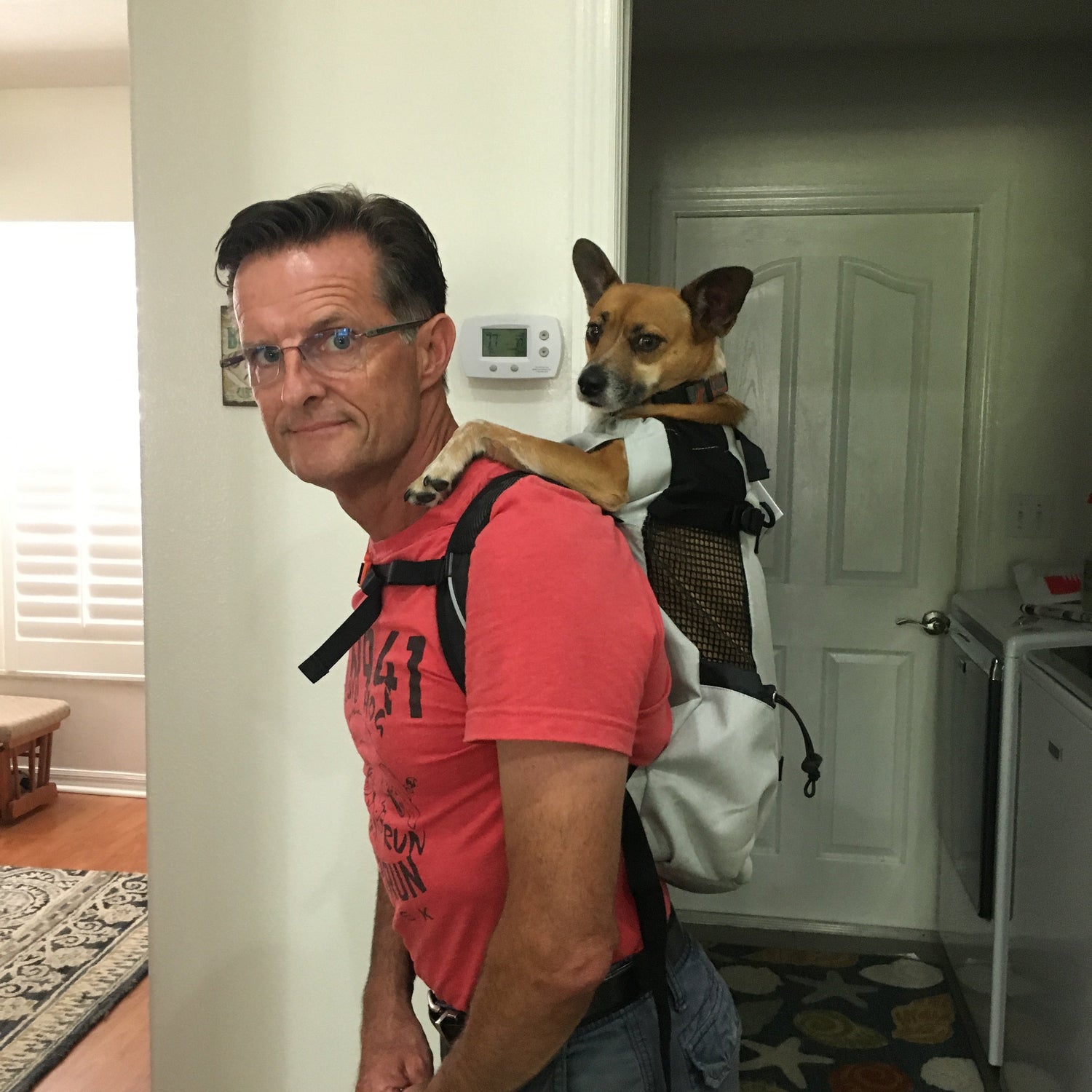 Man wearing a life jacket with a dog on his back, standing in front of a door.

